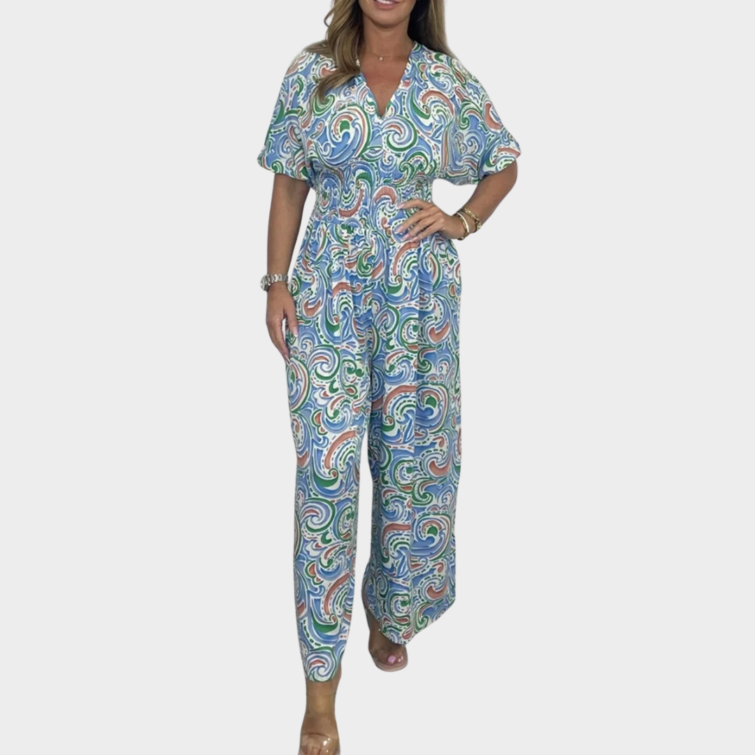 Fashion Print Women Jumpsuit – Short Sleeve – V Neck – Wide-Leg Fit – Lightweight Fabric – Multiple Colours