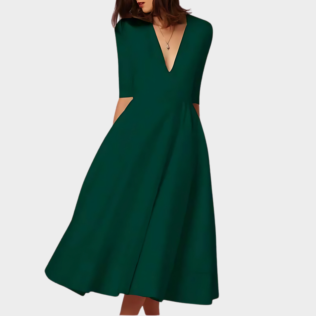 Women's Elegant Midi Dress - Deep V-Neck A-Line Fit - Half Sleeve Party Dress - Multiple Colours