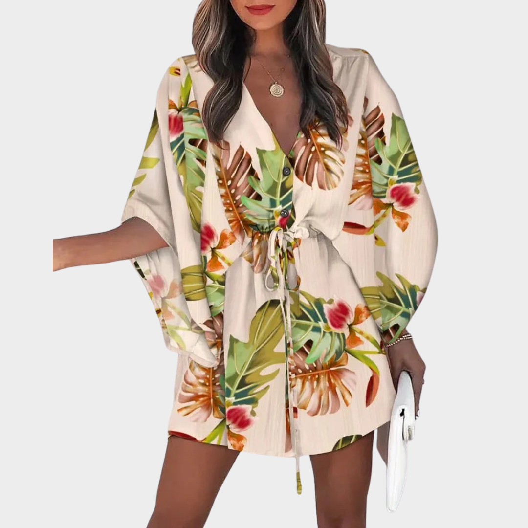 Women Floral Print Casual Dress – V-Neck – Half Sleeve – Ruffle Hem – Lightweight Fabric – Multiple Colours