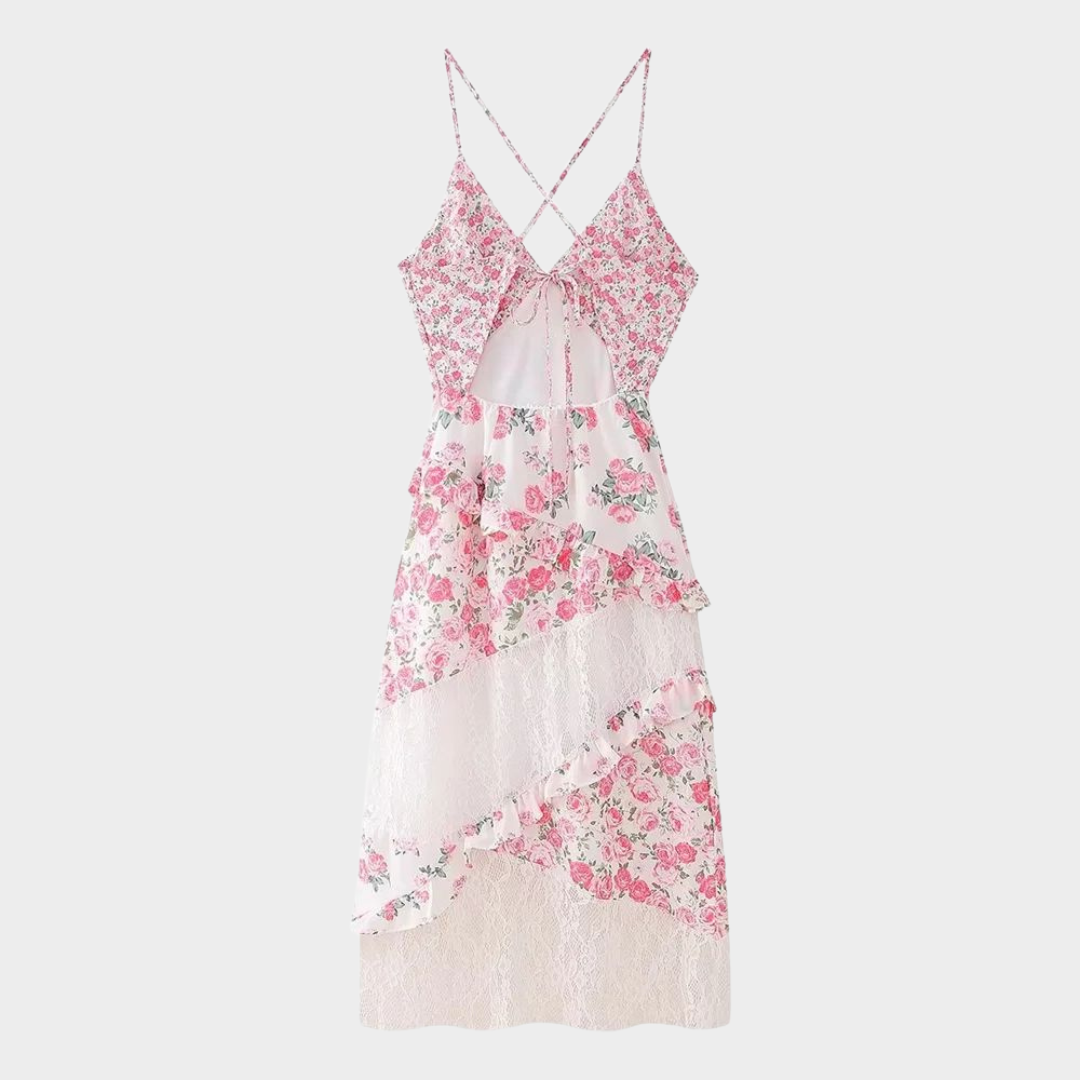 Women's Slim Fit Printed Lace Spliced Dress – Sleeveless – Elegant Design – Pink