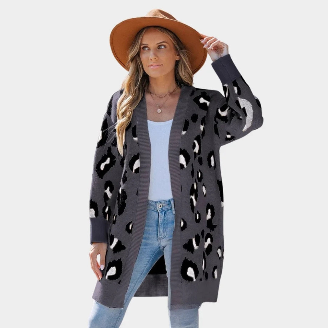 Women’s Leopard Pattern Cardigan - Long Knitted Open Front Sweater, Loose Fit, Apricot, Grey, Khaki