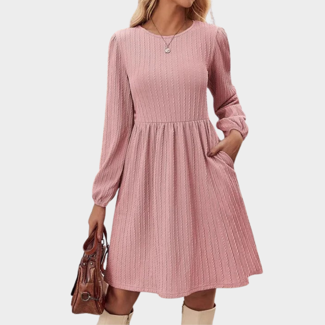 Women’s Knitted Bubble Dress – Long Sleeve Round Neck Embroidered Detail – Elegant Casual Style – Multiple Colours