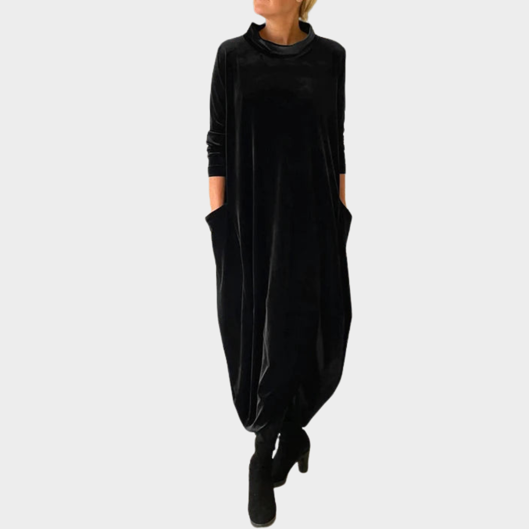 Women's Vintage Long Dress – O Neck Loose Fit – Velvet Casual Party Dress – Multiple Colours