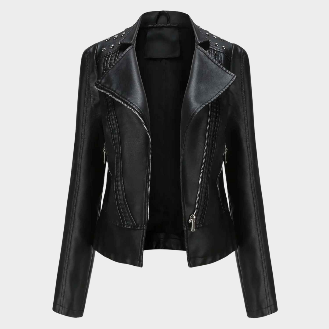Women's Leather Jacket – Punk Rivet Moto Biker Style with Slim Fit and Turndown Collar – Multiple Colours