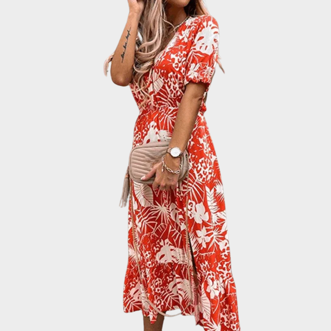 Women’s V-Neck Slit Maxi Dress – Floral Print with Button Detail – Short Sleeve Elegant Fit – Lightweight Fabric – Multiple Colours