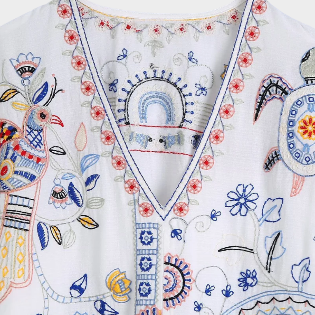 Women's Embroidered V-Neck Blouse – Vintage Boho Style – Slim Fit – White
