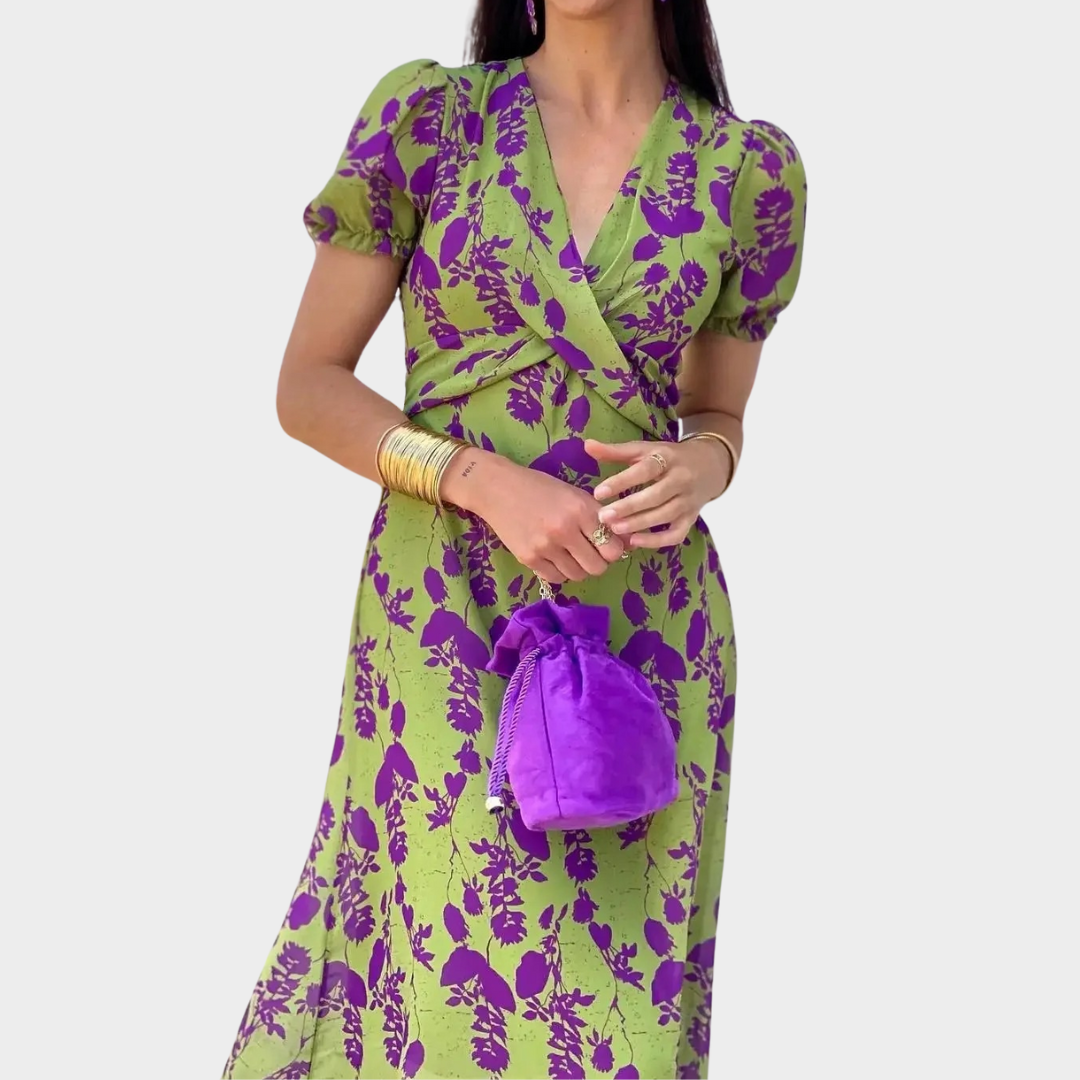 Women’s V-Neck Contrast Print Dress – Slim Short Sleeve Fit with Elegant Casual Style – Lightweight Soft Fabric – Green