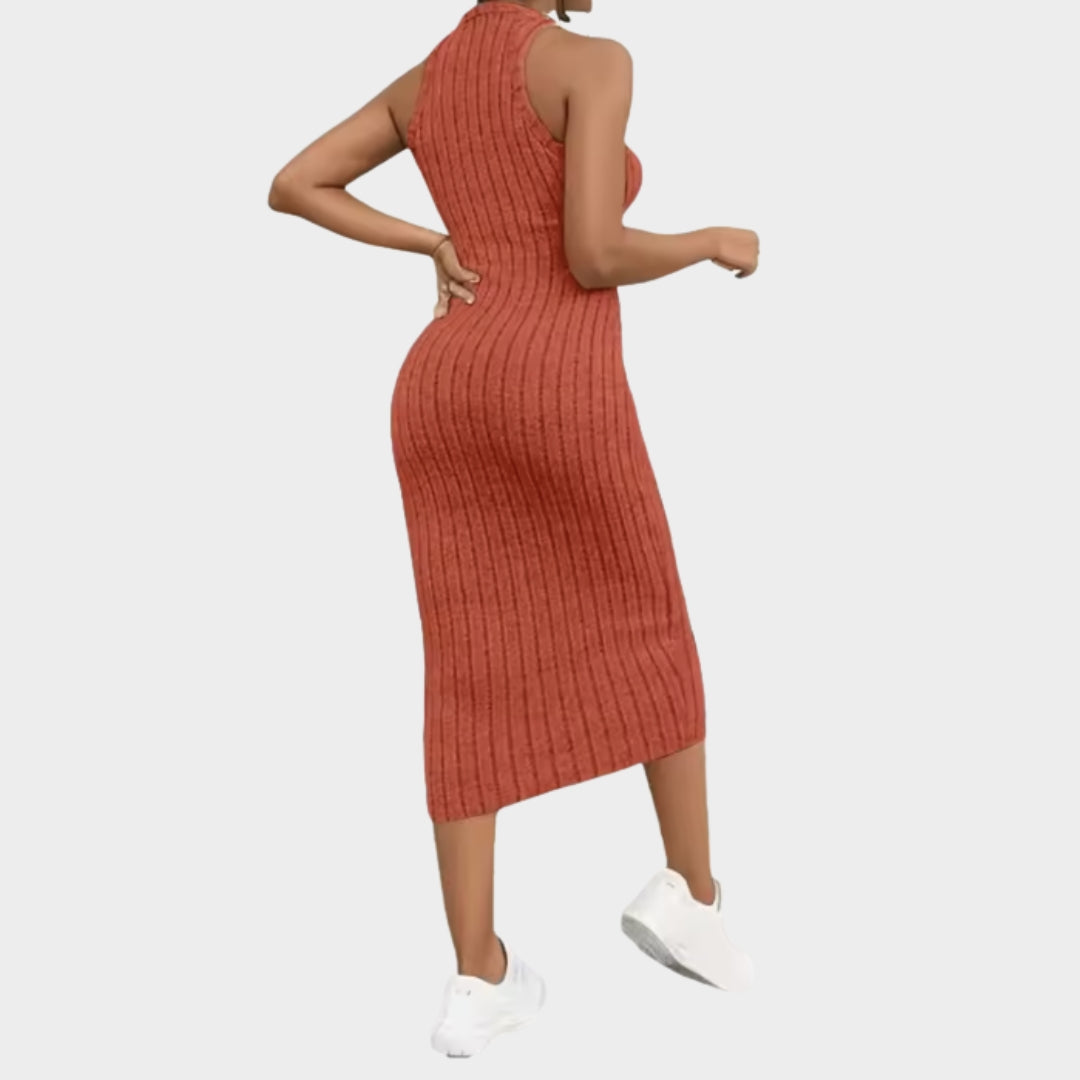 Women's Halter Neck Bodycon Dress – Ribbed Knitted Midi Dress – Sleeveless – Multiple Colours