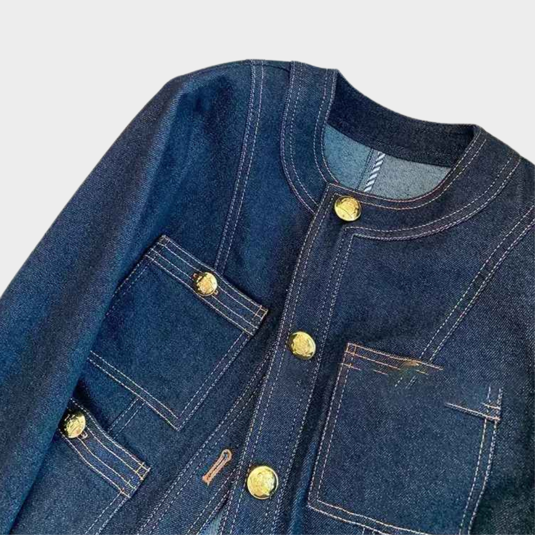 Women's Denim Jacket - Short Loose Fit - Classic O-Neck Coat - Button-Up with Pockets - Blue