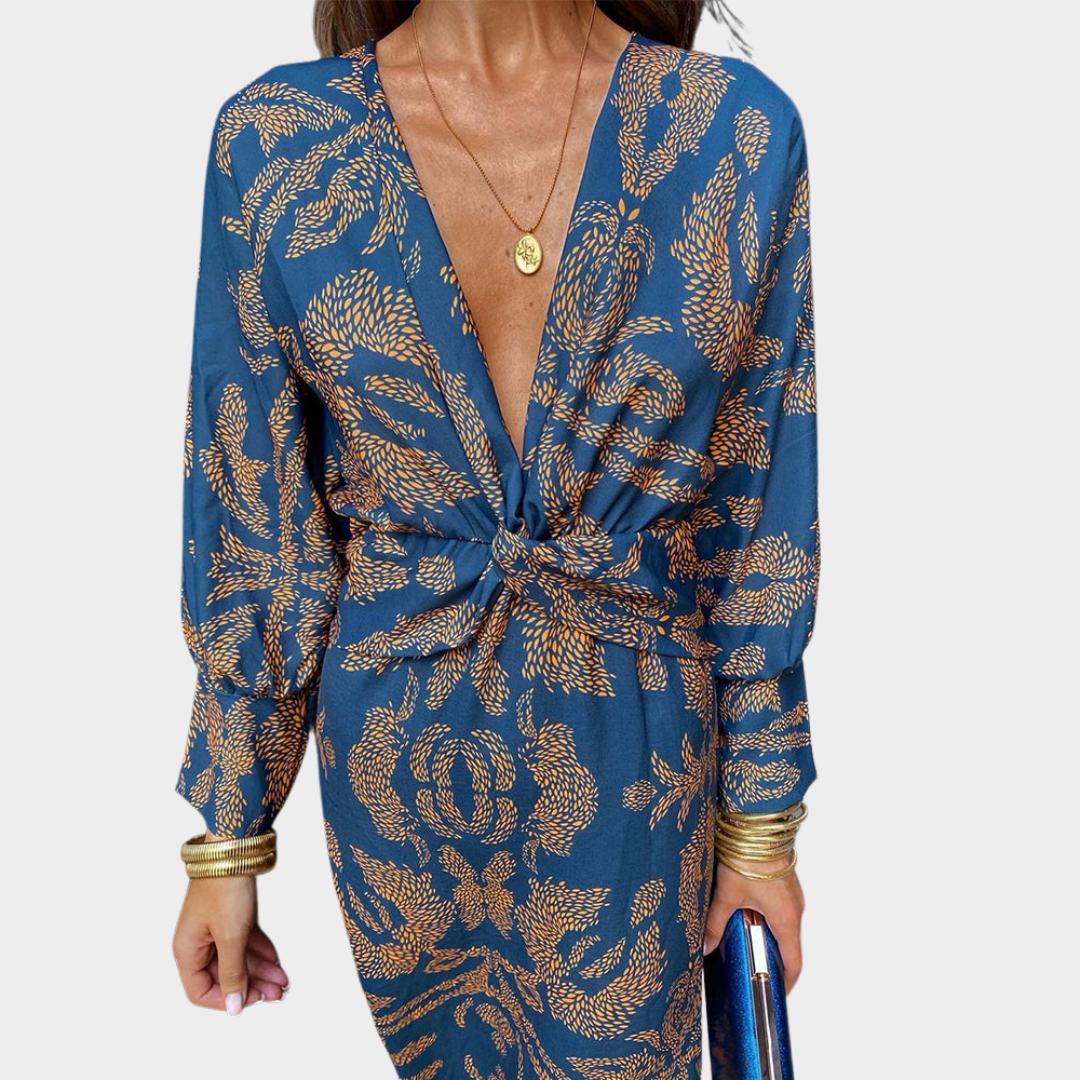 Women's Retro Printed Midi Dress – Elegant Round Neck Long Sleeve Party Dress – Multiple Colours