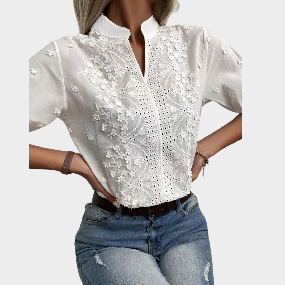 Women’s Short Sleeve V-Neck Lace Blouse – Elegant Floral Embroidery with Hollow Out Detail – White