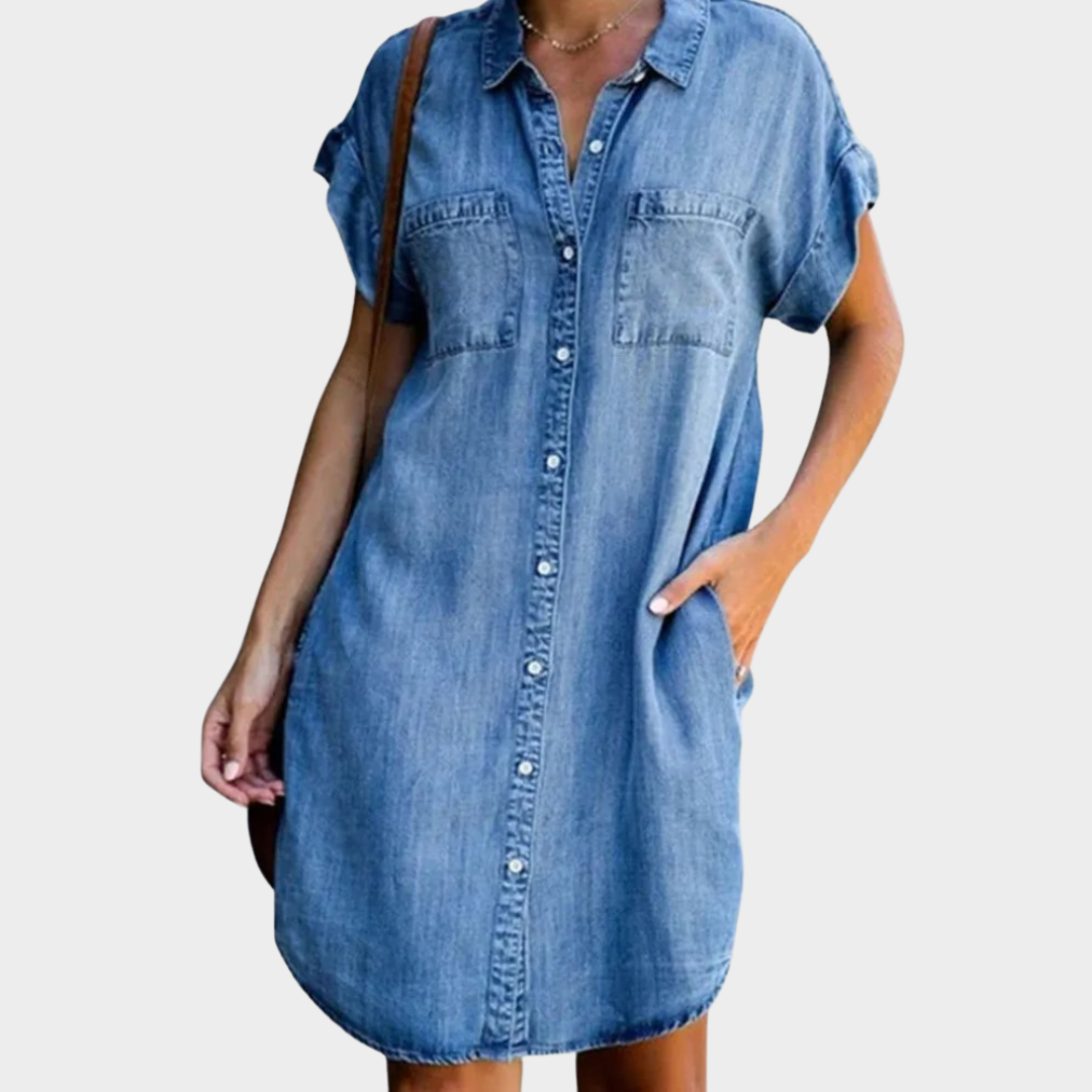 Women’s Casual Denim Shirt Dress – Relaxed Fit – Button-Up – Pocket Detail – Retro Office Style – Multiple Colours