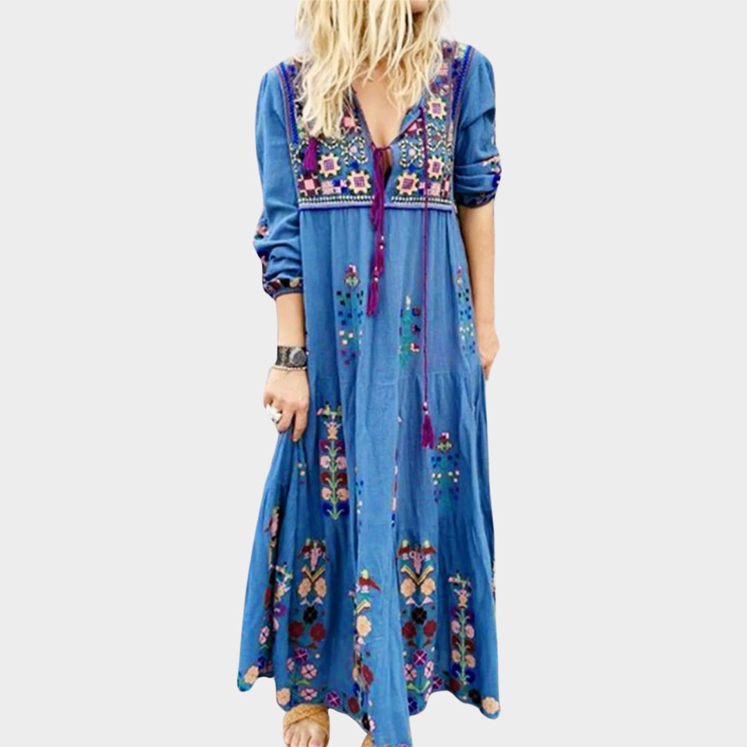 Indie Folk Loose Maxi Dress – Women’s Casual V-Neck Linen Dress – Lantern Sleeve – Flowing Fit – Multiple Colours