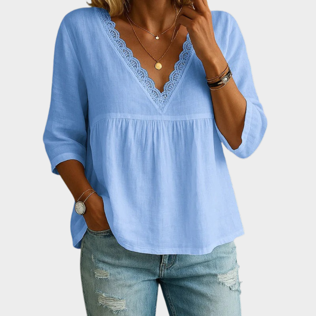 Women’s Relaxed Fit V-Neck T-Shirt – 3/4 Sleeve with Lace Trim – Soft Lightweight Fabric – Multiple Colours