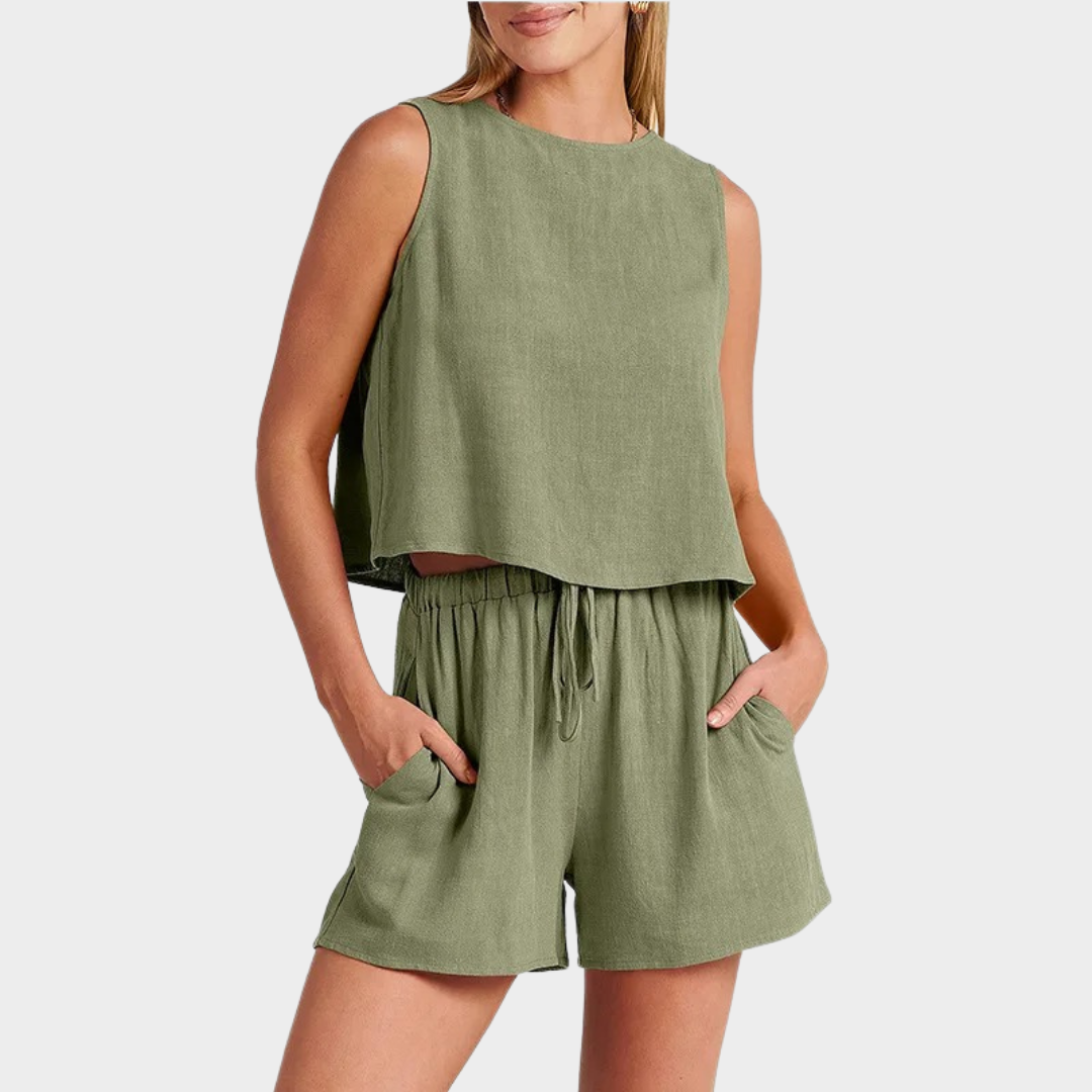 Women’s Sleeveless Linen Two-Piece Set – Button-Back Top and Shorts – Lightweight Soft Fabric – Relaxed Fit Casual Outfit – Multiple Colours