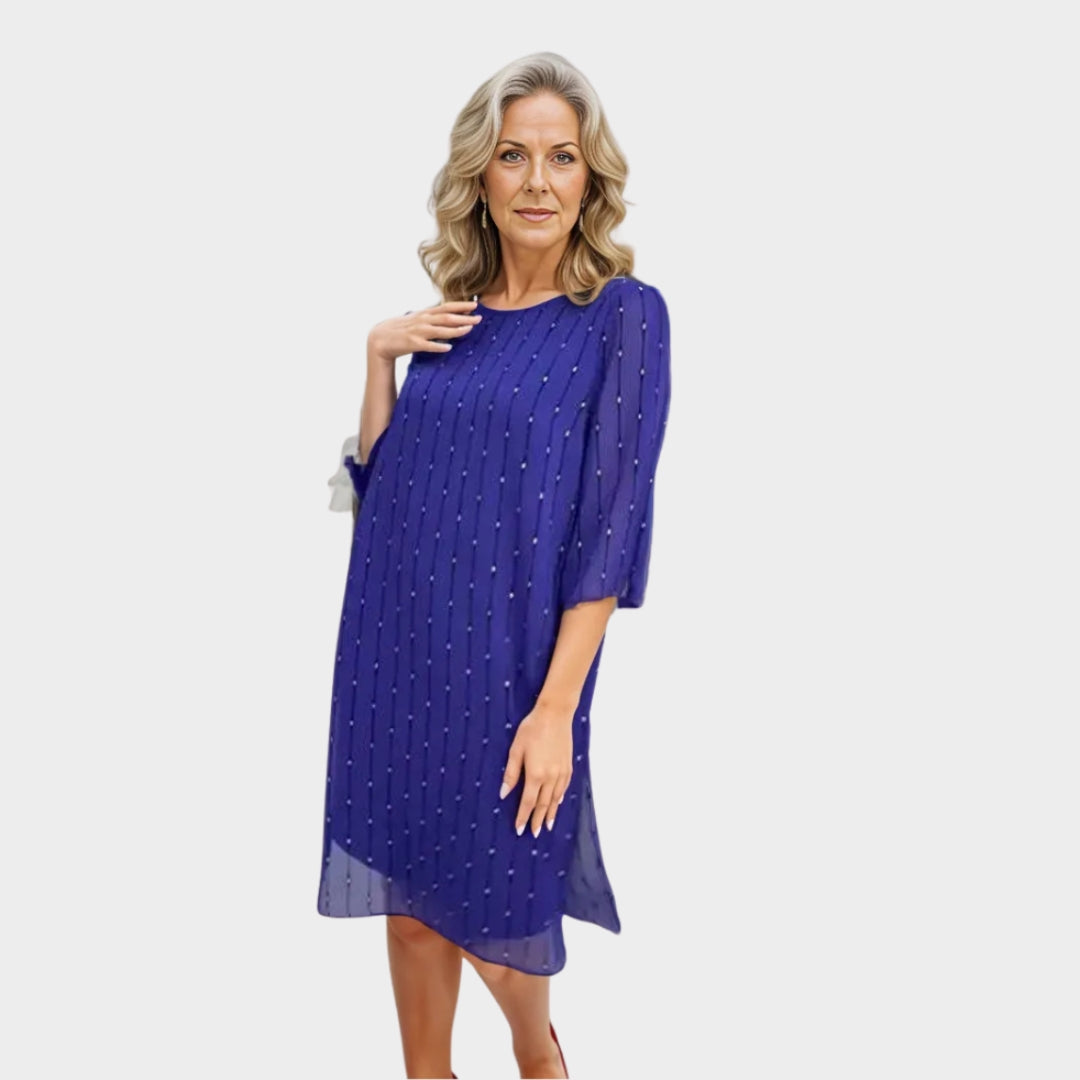 Elegant Women's Midi Dress – Long Sleeves, Subtle Diamond Details, Refined Party Look, Blue & Green