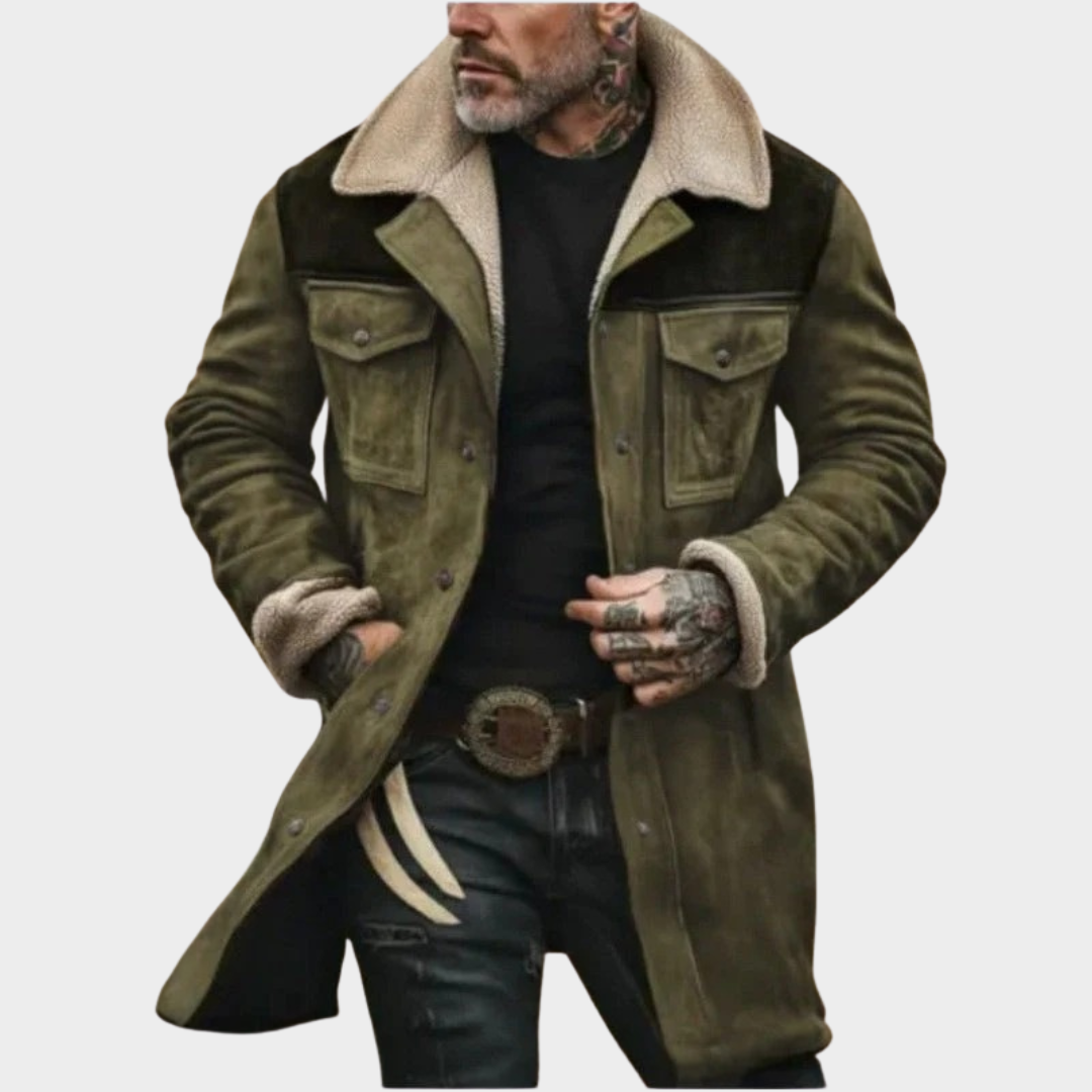 Men’s Vintage Suede Jacket – Mid-Length Motorcycle Coat with Plush Lapel Long Sleeves Zip Closure – Multiple Colours