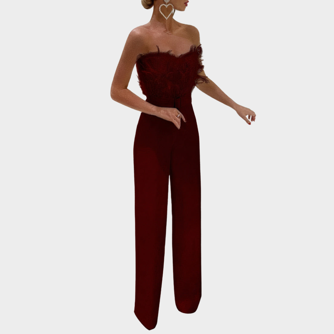 Women's Strapless Jumpsuit – Elegant Feather Detail – Sleeveless – Evening Party Outfit – Multiple Colours