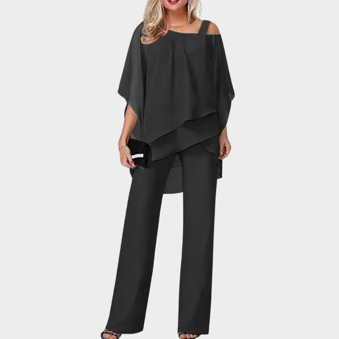 Women’s Off-Shoulder Two-Piece Set – Bat Sleeve Top & Wide-Leg Trousers – Relaxed Elegant Fit – Multiple Colours