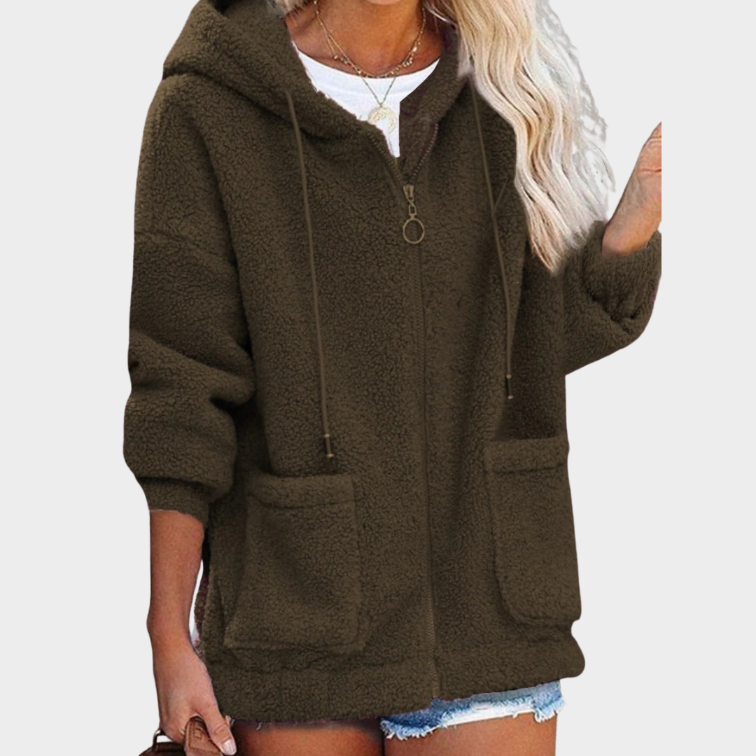 Women’s Plush Hoodie Jacket – Long Sleeve Zip Front Coat with Pockets Casual Outerwear – Multiple Colours