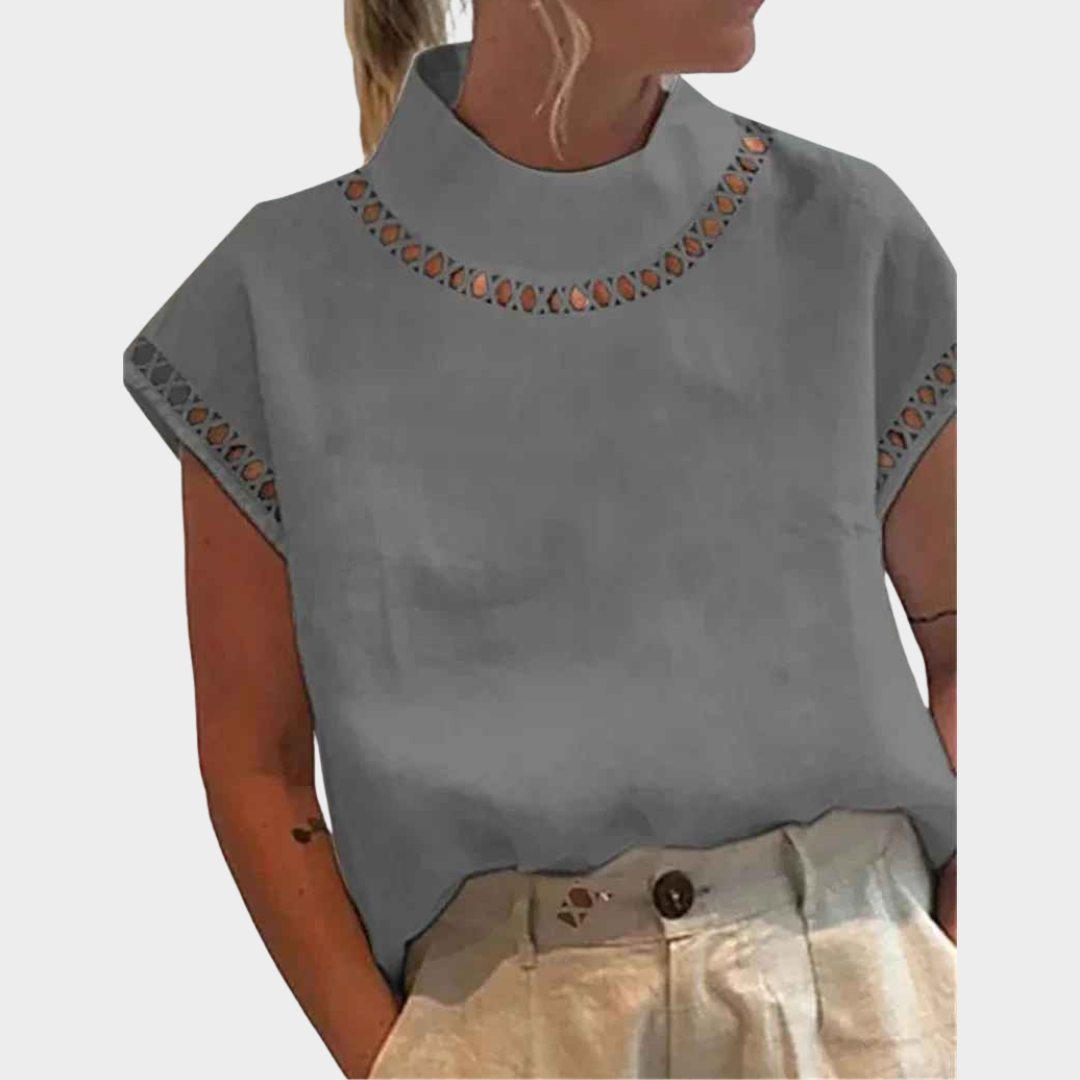 Women Short Sleeve Blouse – Turtleneck Pullover with Hollow Out Detail – Multiple Colours