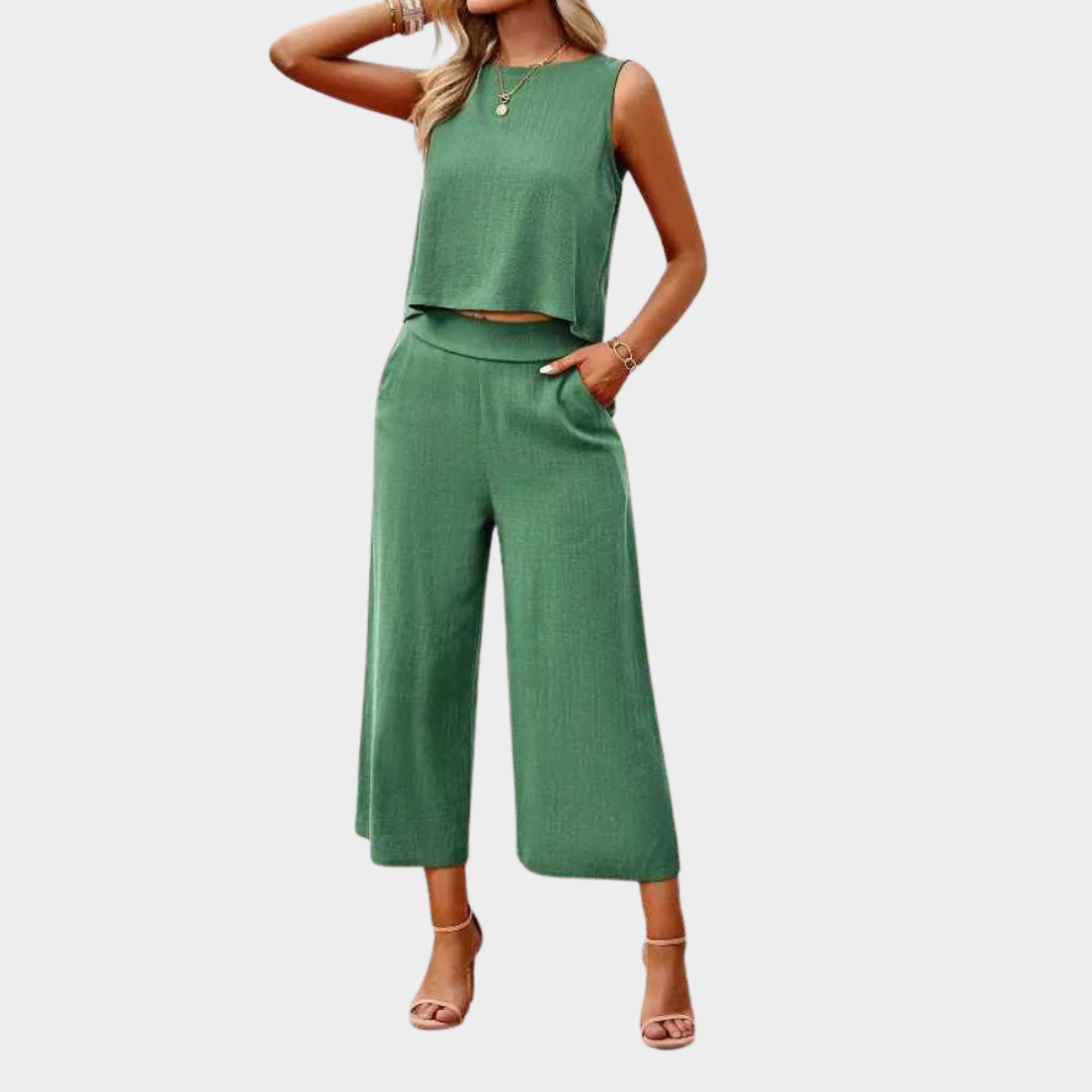 Women's Two Piece Pant Set – Short Sleeve Round Neck Pullover Shirt with Solid Wide Leg Pants – Comfortable Casual Fit – Multiple Colours