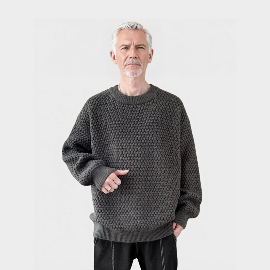 Men's Winter Knitted Sweater - Round Neck Solid Color Checked Design (Light Grey, Beige, Grey)
