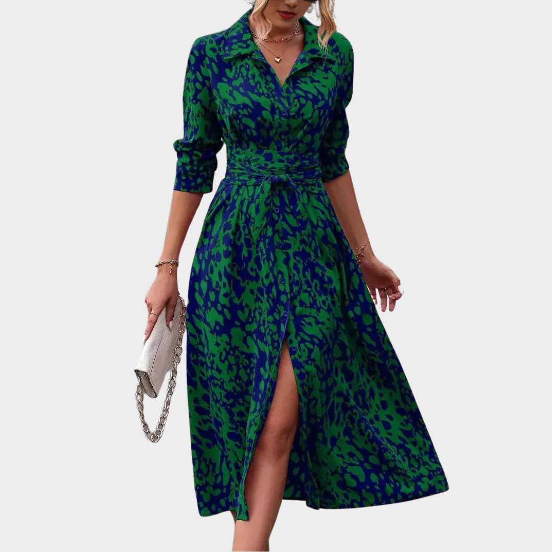 Women’s Midi Shirt Dress – A-Line Fit with Lace-Up Detail – Long Sleeve Printed Design – Thigh High Slit – Multiple Colours