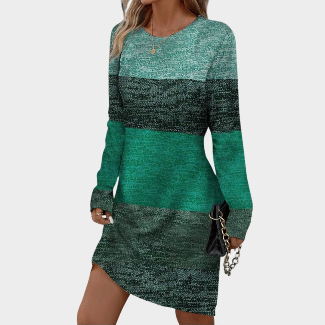 Women’s O Neck Long Sleeve Casual Dress – Knee Length, Printed, Office Style, Spring Autumn Wear