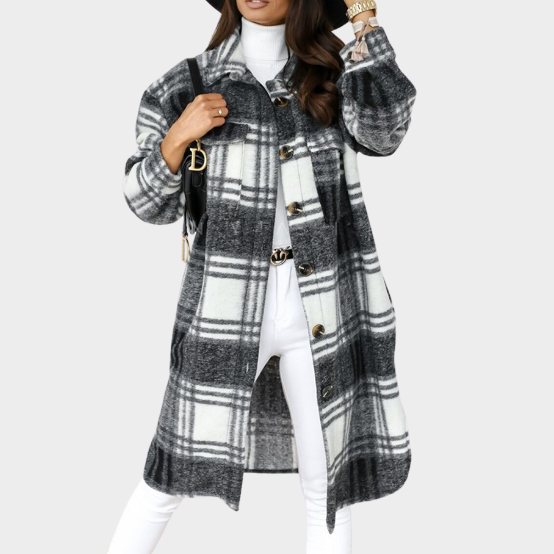Women's Wool Blend Coat - Long Sleeve - Plaid Pattern - Mid-Length - Multiple Colours