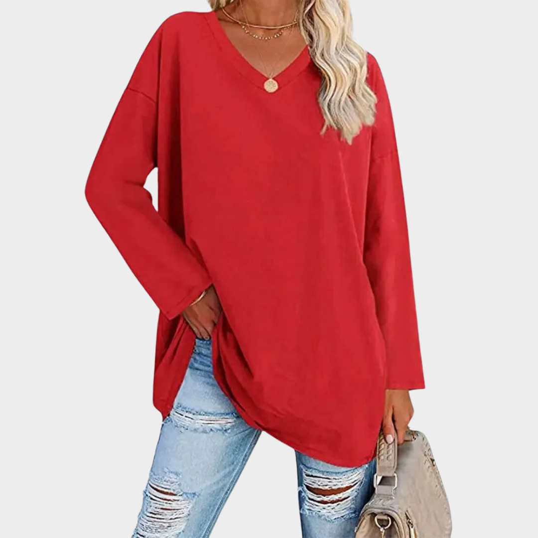 Women’s Loose Fit Knit Top – Long Sleeve V-Neck Blouse – Lightweight Solid Fabric – Multiple Colours