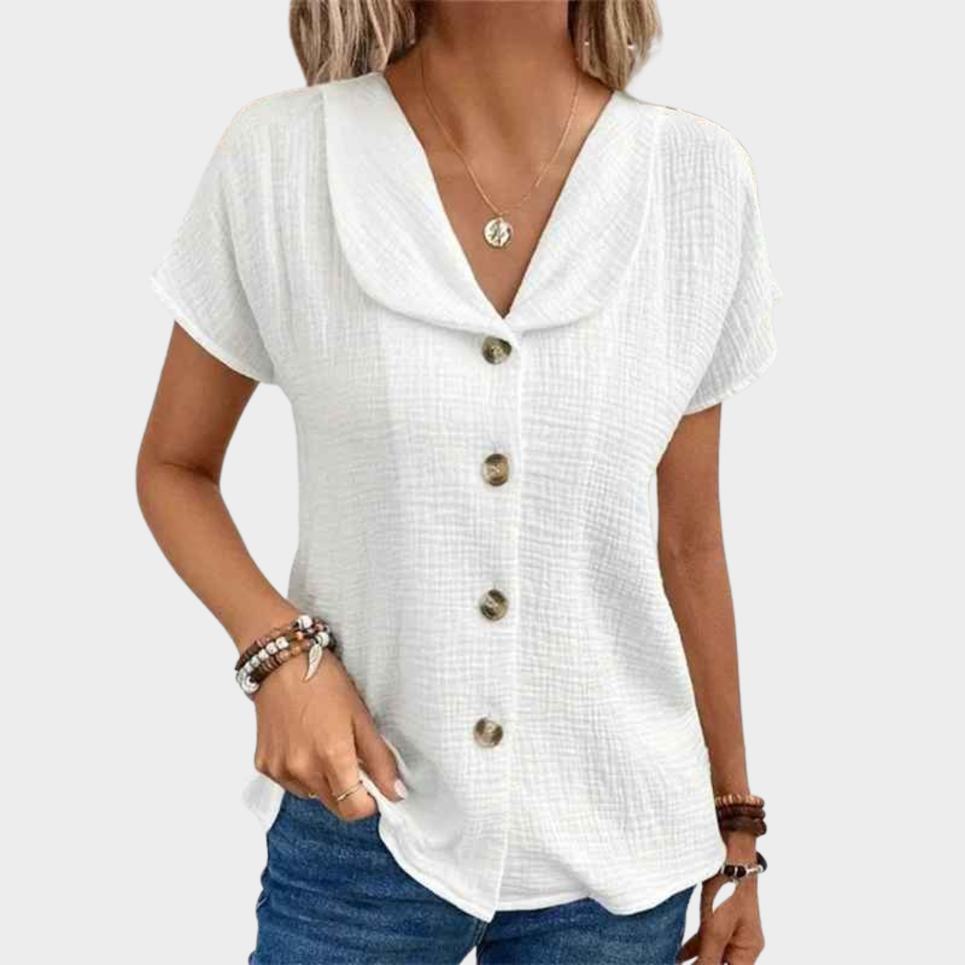Women Short Sleeve Blouse – Baby Collar Casual Cardigan Shirt in Cotton Blend – Multiple Colours