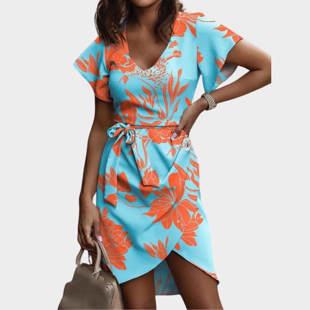 Women's V-Neck Print Short Sleeve Dress – Elegant Casual Fit – Lightweight Fabric – Boho Style – Multiple Colours