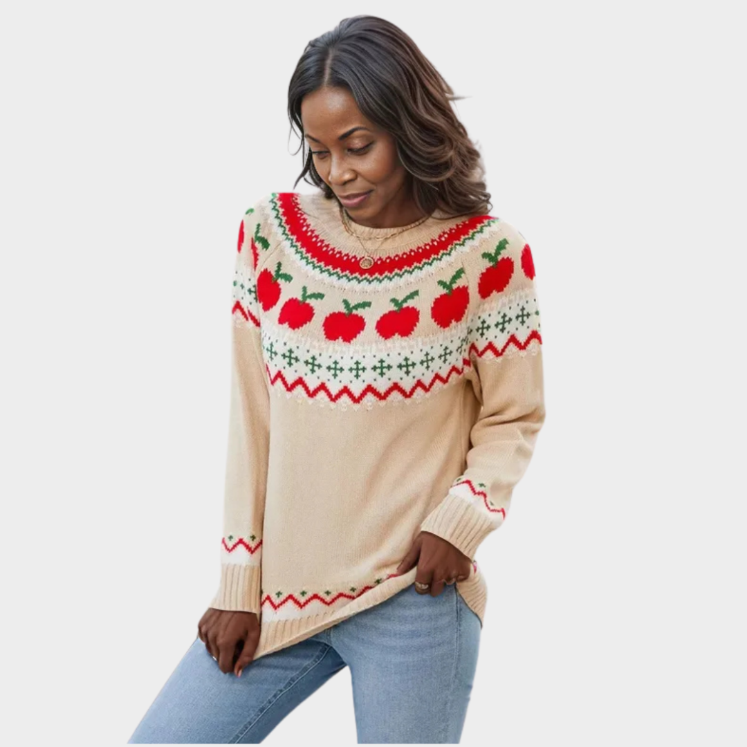 Women's Vintage Knitted Winter Sweater – Geometric Jacquard Pattern, Cozy Holiday Look in Beige, Navy Blue, and More