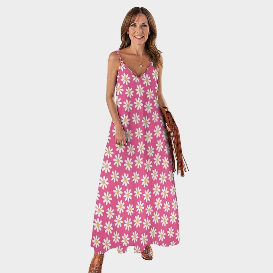 Women's Floral Maxi Dress - Sleeveless - V-Neck - Lightweight & Flowy - Pink with White Daisies