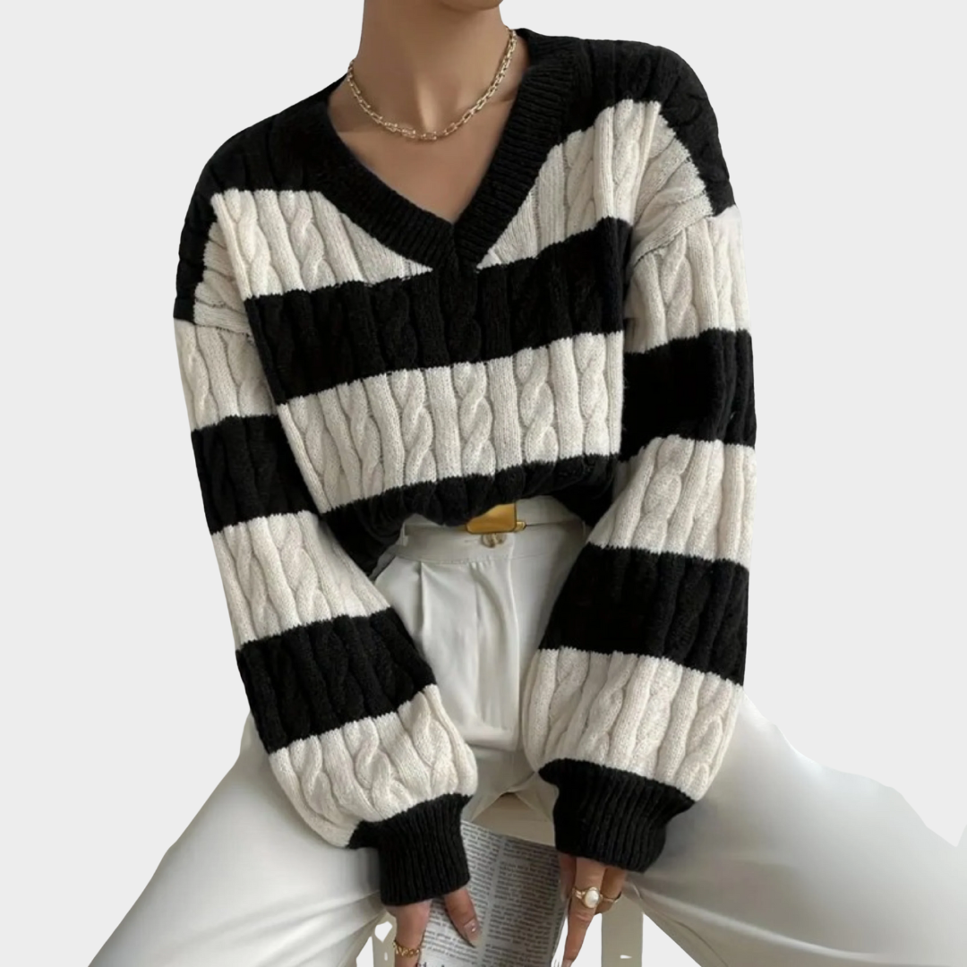 Women Striped Knitted Jumper – V Neck Long Sleeve Loose Fit Casual Pullover Sweater with Soft Stretch Fabric – Comfortable Everyday Style – Multiple Colours
