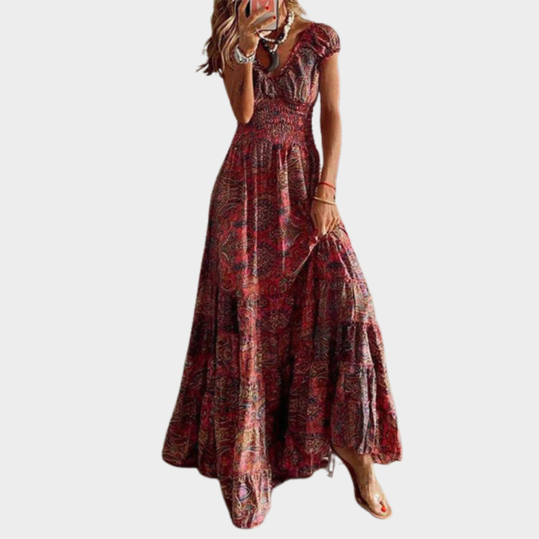 Women's Bohemian A-Line Dress – Floral Print – Petal Sleeves – Waistband – Multiple Colours