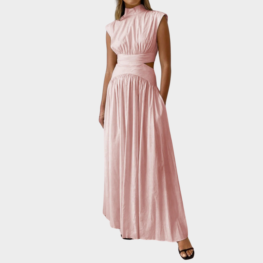 Women’s Sleeveless A-Line Maxi Dress – Solid Colour with Mock Neck and Hollow Out Detail – Lightweight Elegant Fit – Multiple Colours