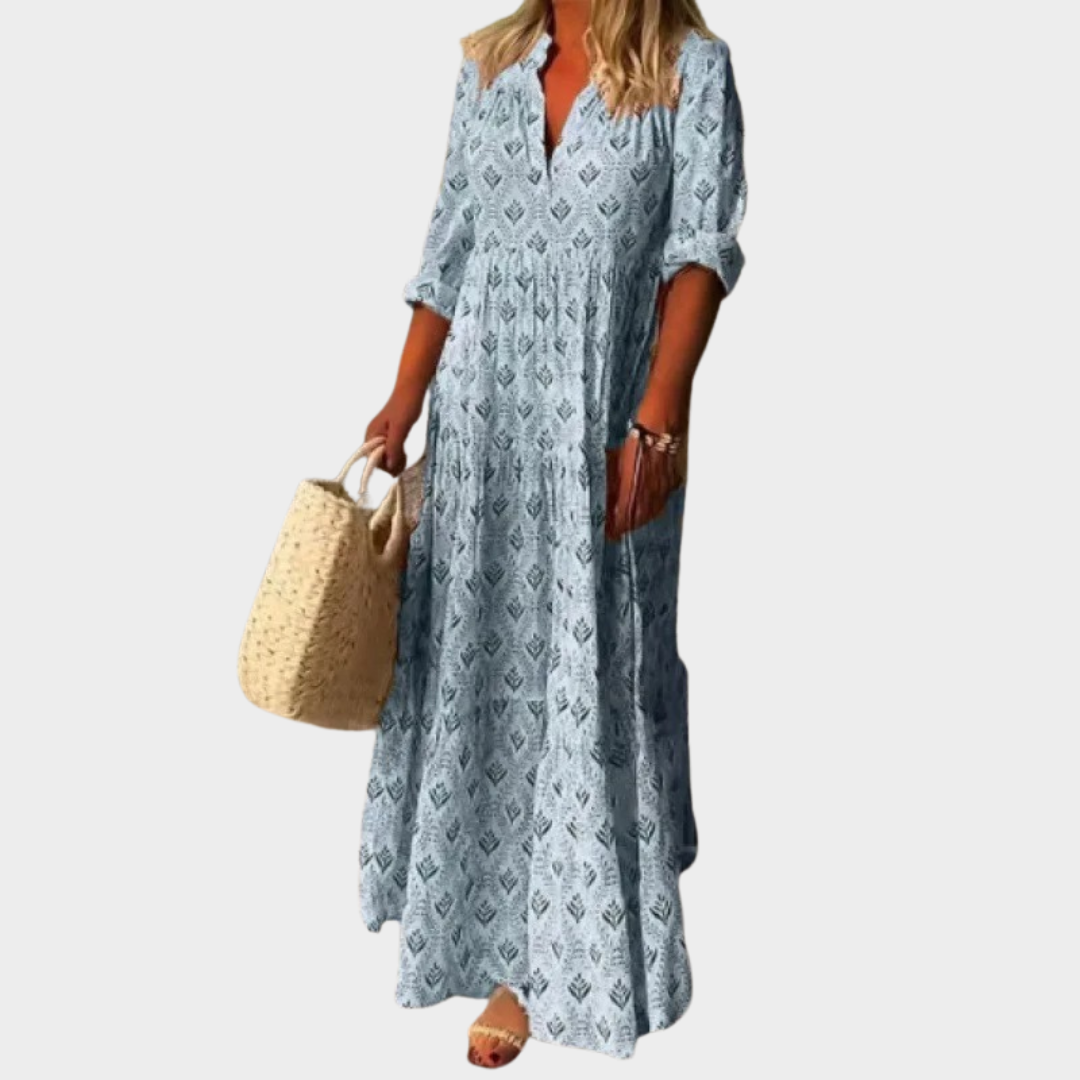 Women’s Long Boho Dress – V-Neck Casual Fit with Vintage Print – Lightweight Loose Long Sleeve Style – Multiple Colours