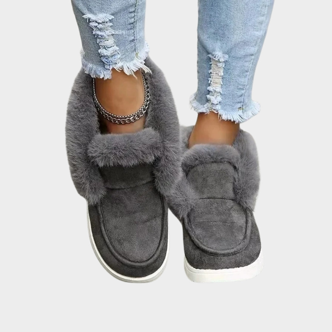 Women’s Slip-On Ankle Boots - Winter Warm Plush Fur Snow Boots, Suede Footwear, Grey, Black, Brown