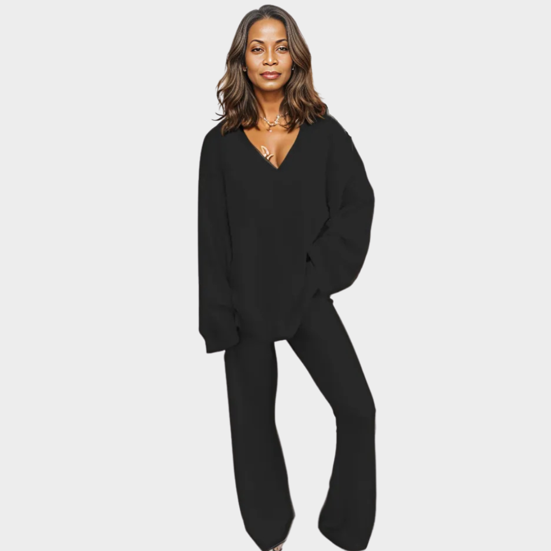 Women's Two-Piece Pantsuit – V-Neck, Solid Color, Winter Casual Wear (White, Pink, Grey, Blue, Black)