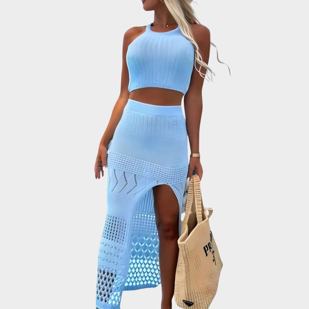 Women's Knitted Mesh Beachwear Cover-Up – Two-Piece Camisole & Long Skirt – See-Through Cut-Out Design – Multiple Colours