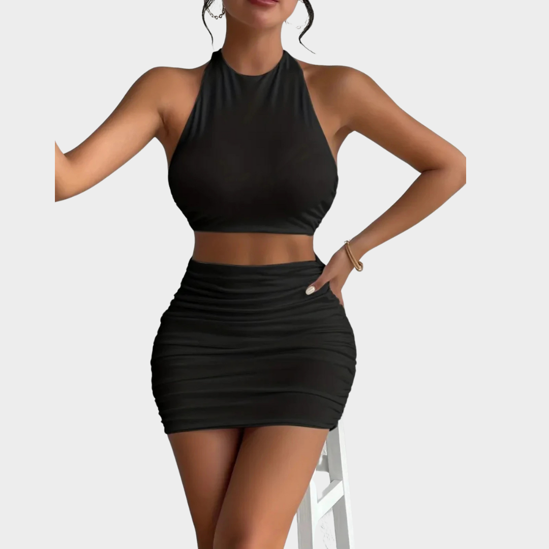 Women’s Tube Top and Skirt Set – Sleeveless Neck Vest and Hip Wrap Skirt – Bodycon Fit – Soft Stretch Fabric – Two-Piece Minimal Style – Multiple Colours