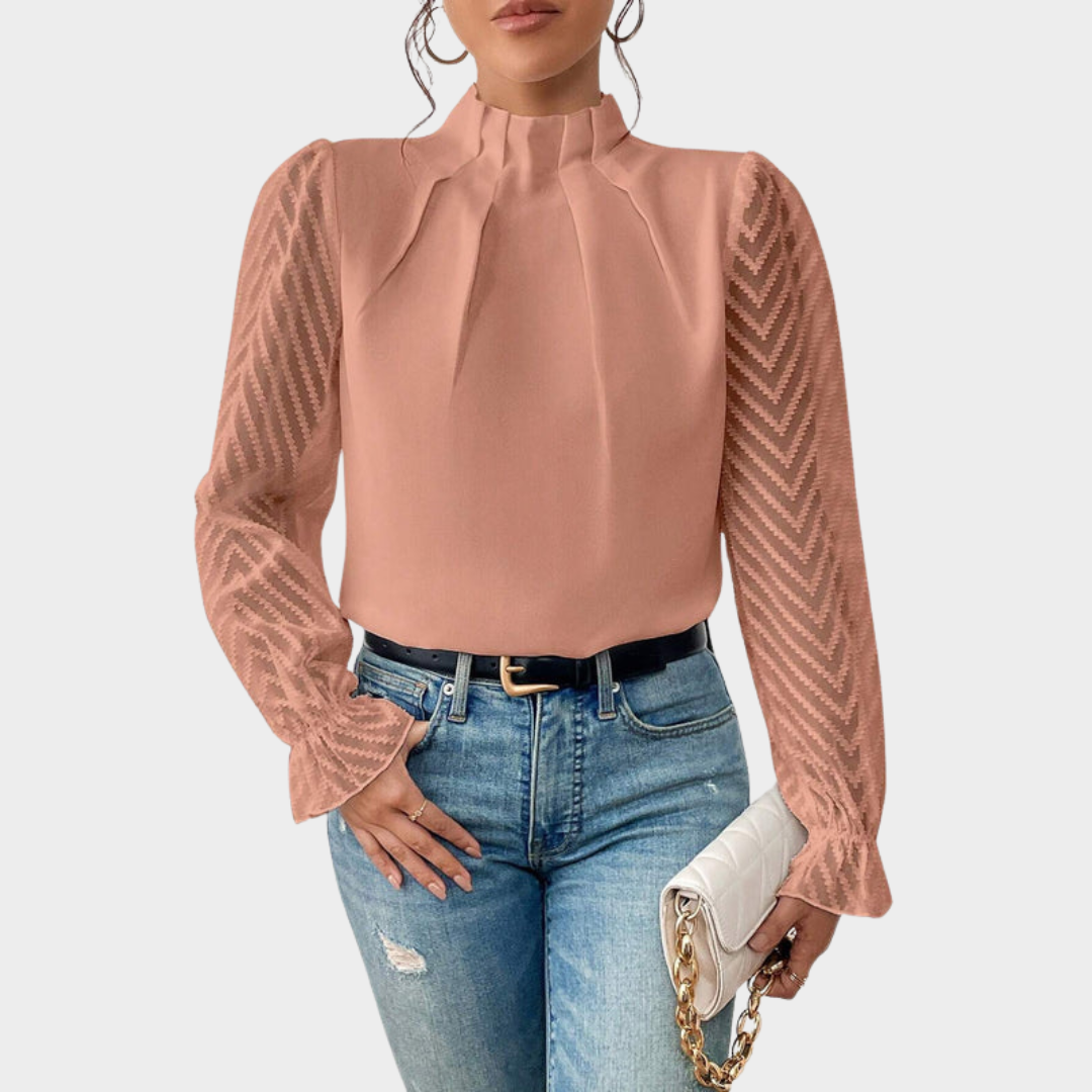 Elegant Women's Lace Blouse – Mock Neck – Long Sleeve – Slim Fit – Chiffon Fabric – Multiple Colours