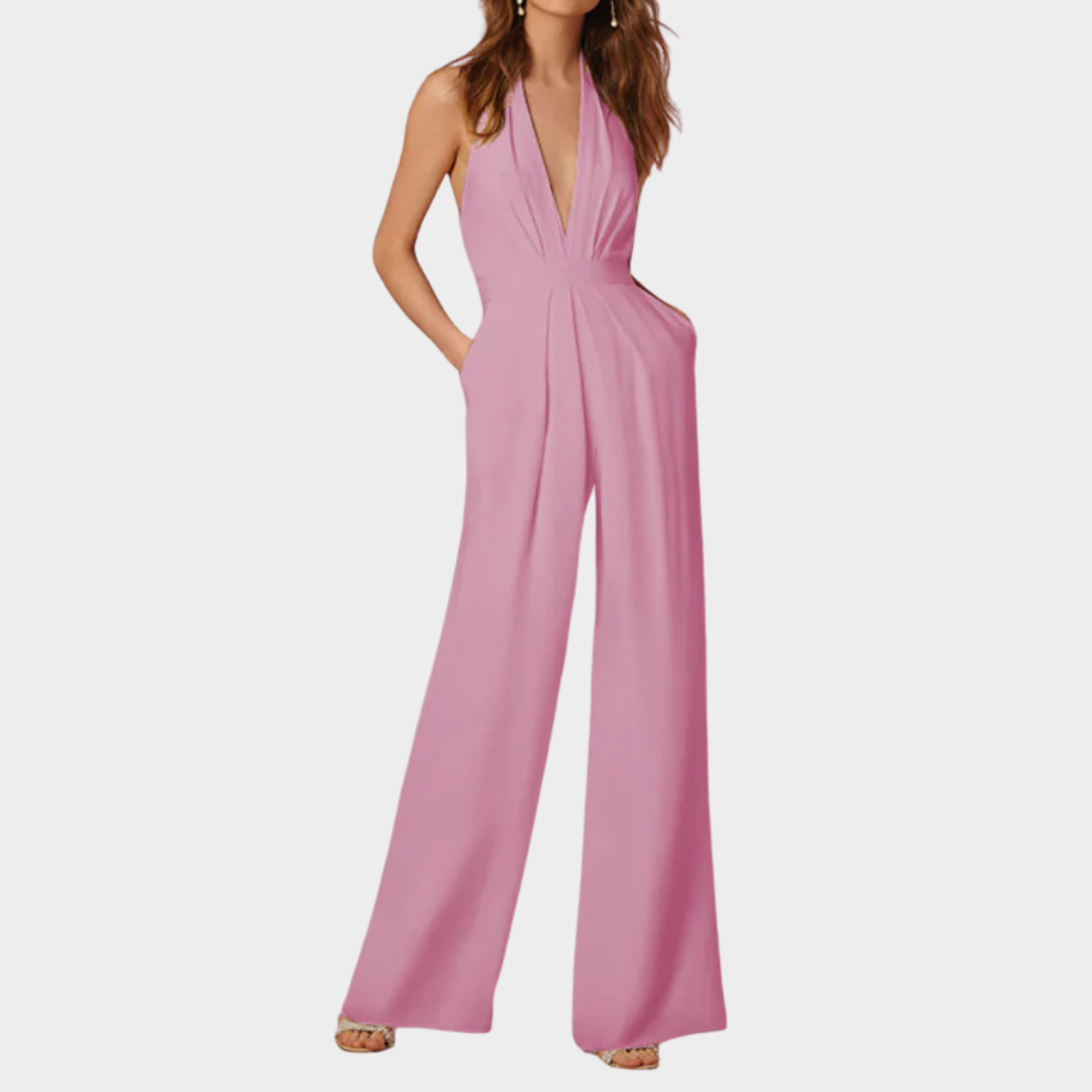 Women’s Halterneck Wide Leg Jumpsuit – V Neck Sleeveless Romper with Pockets – Solid Colour Streetwear Fit – Multiple Colours