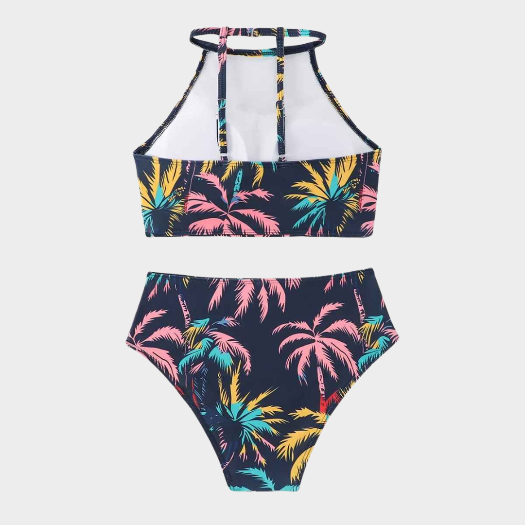Women Retro Leaf Bikini Set – High Neck 2 Piece – Push-Up Support – Quick Dry Stretch Fabric – Blue