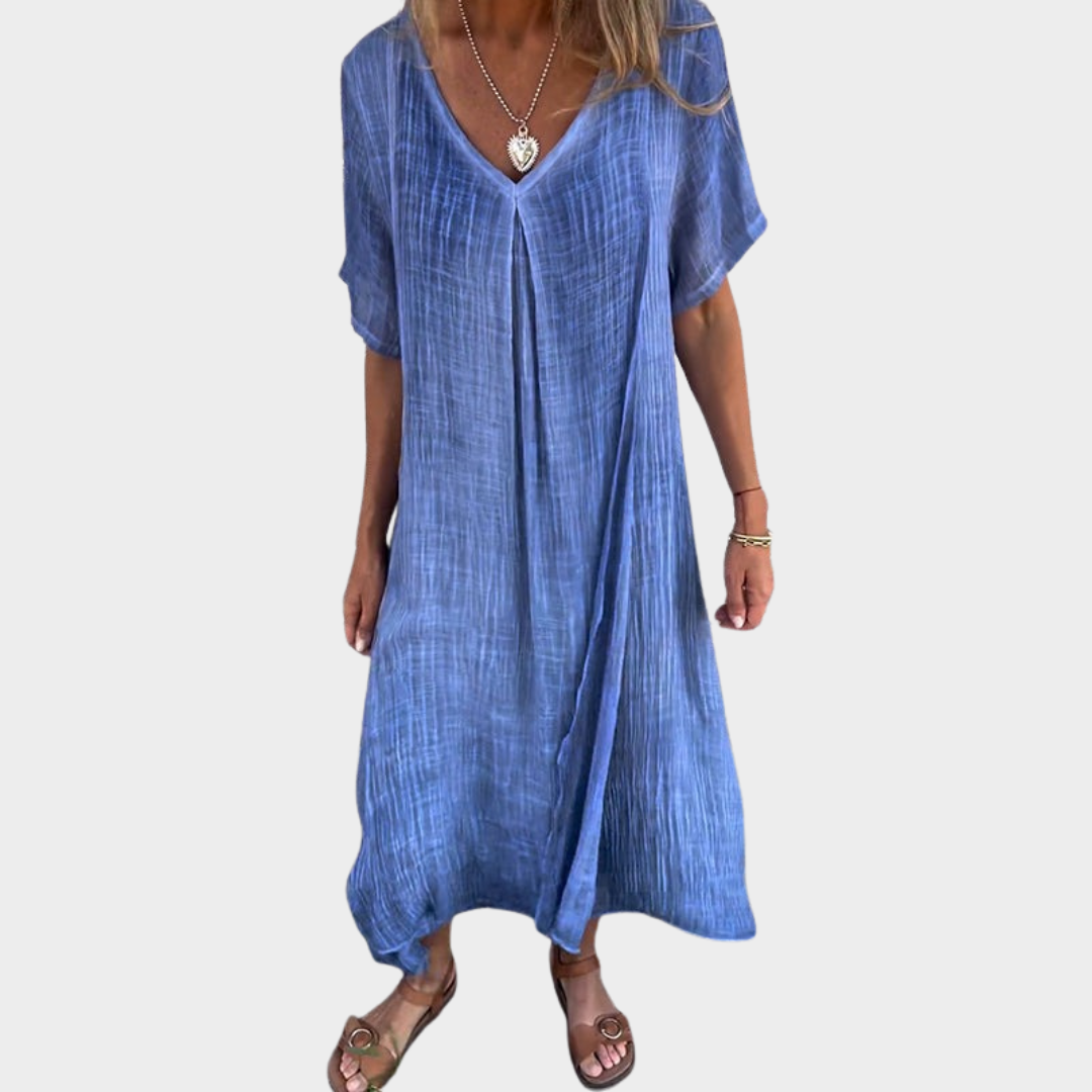 Women’s Maxi Dress – V-Neck – Loose Fit – Short Sleeve – Cotton Linen Blend – Multiple Colours
