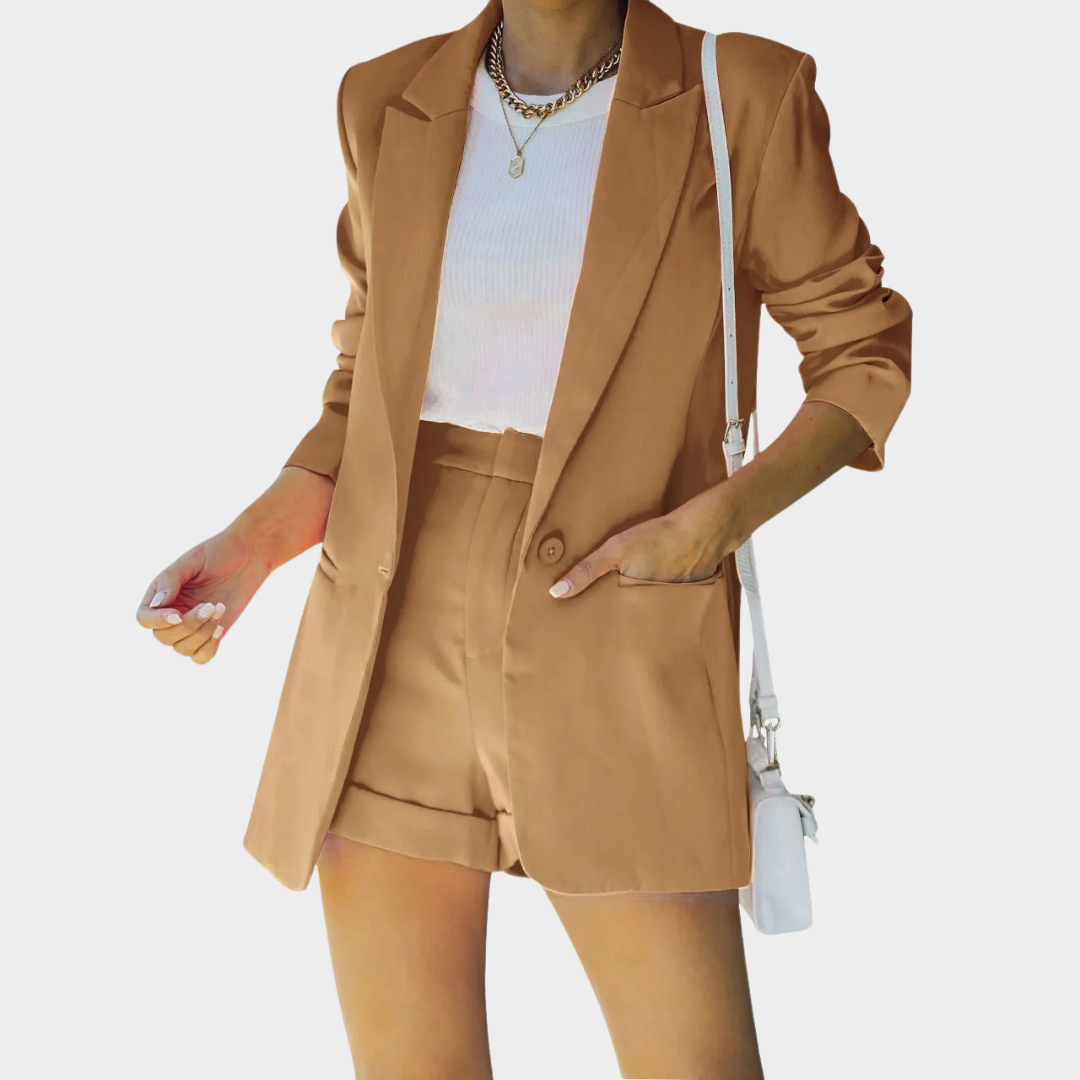 Women’s Two-Piece Suit Set – Long Sleeve Blazer and Shorts – Tailored Casual Fit – Lightweight Fabric – Multiple Colours