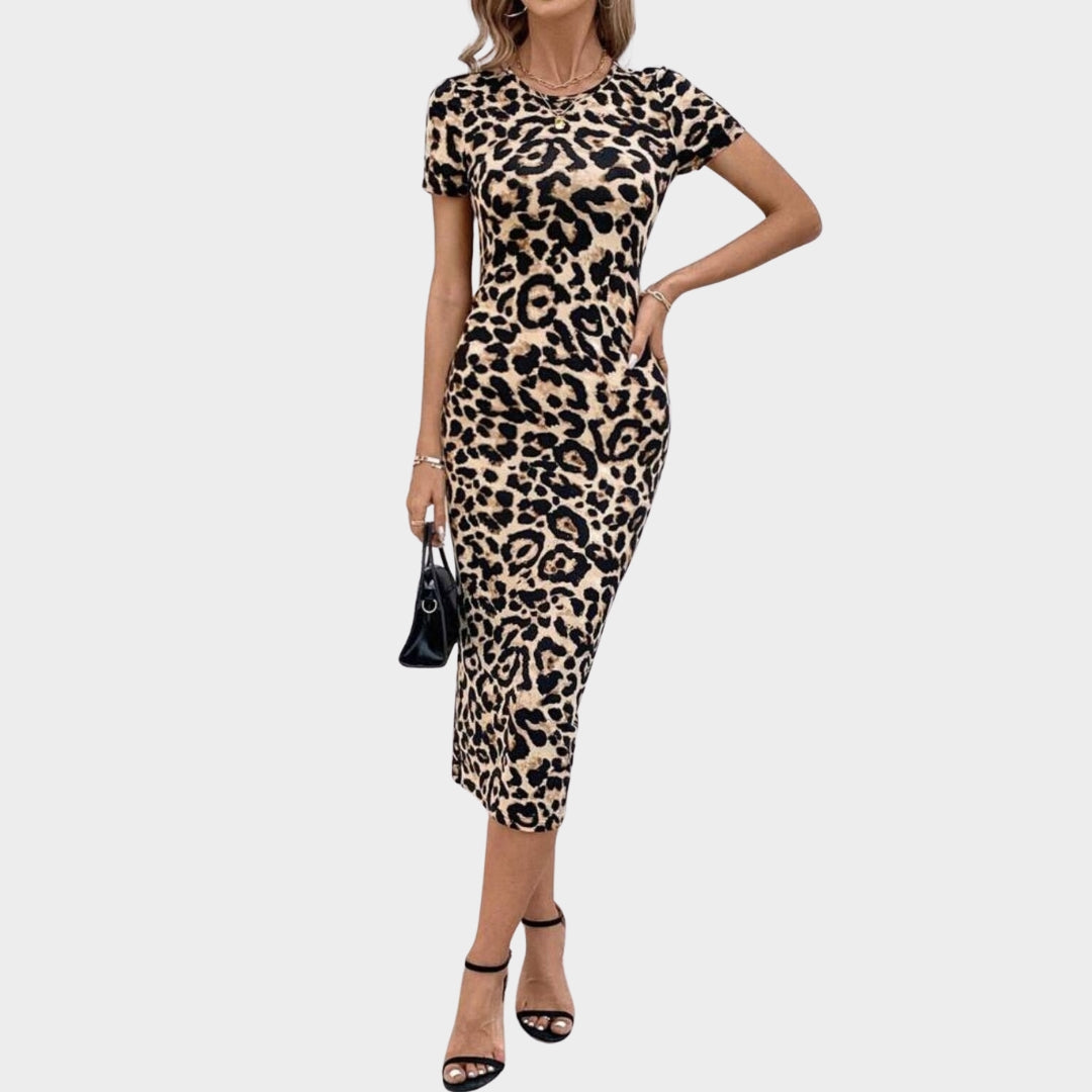 Women's Leopard Print Midi Dress - Short Sleeve Bodycon Dress - Khaki