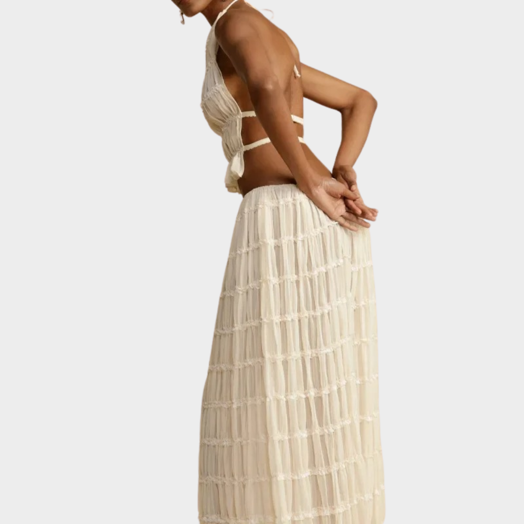 Women’s 2-Piece Halter Neck Skirt Set – Elegant Long Dress Style with Open-Back Top – Lightweight Fit – White